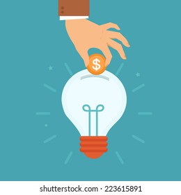 Vector idea attracting money concept in flat style - man's hand putting golden coin inside the light bulb - investment and innovation