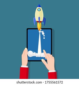 Vector La idea de・iniciar un negocio con un cohete volando fuera de la pantalla del tablet