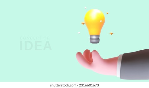 Vector idea concept. 3D hand catches bright light bulb. Symbol of invention, new solution. Creativity, innovation, genius. Poster in cute plasticine style with space for text