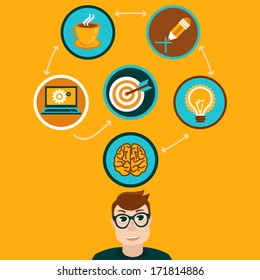 Vector idea concept in flat style - smiling man  and icons