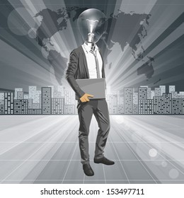 Idea vectorial y concepto. Hombre de negocios con la cabeza de una lámpara con el portátil en las manos. Todas las capas están bien organizadas y son fáciles de editar