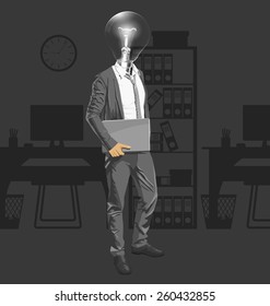 Vector Idea and concept. Lamp head business man with laptop in his hands