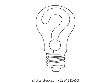 Lámpara de idea de vector. Ilustración de estilo de una línea. Bombilla eléctrica con signo de interrogación. Concepto de surgimiento de ideas. Aislado en un diseño minimalista de fondo blanco.