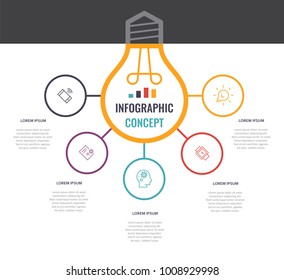 Vector idea light bulb circle infographic template for graphs, charts, diagrams. Business concept with 5 options, parts, steps, processes.