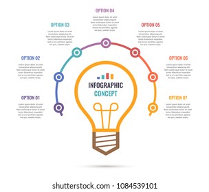 Vector idea light bulb circle infographic template for graphs, charts, diagrams. Business concept with 7 options, parts, steps, processes.