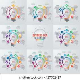 Vector idea light bulb circle infographic set of templates for graphs, charts, diagrams. Business concept with 3, 4, 5, 6, 7, 8, 9, 10 options, parts, steps, processes.
