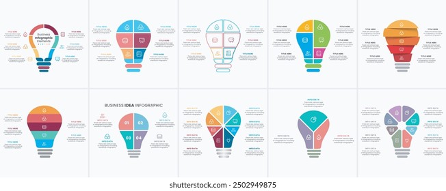 Vektoridee Glühbirne Infografik Vorlage Bündel für Wachstumsdiagramm, Grafik, Präsentation, Diagramm. Lampe für Geschäftsidee