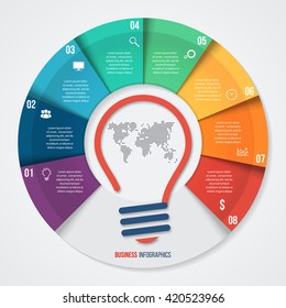 Vector idea pie chart infographic template for graphs, charts, diagrams. Business concept with 8 options, parts, steps, processes.