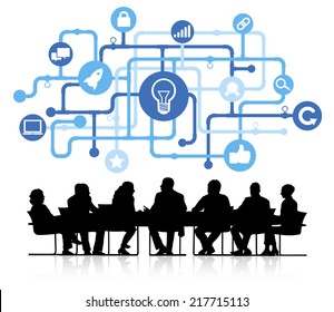 Vector of idea themed background with silhouettes of business people sitting around the conference table.