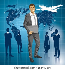 Vector Idea and travel concept. Business man with laptop in his hands. All layers well organized and easy to edit