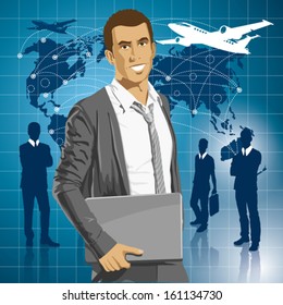 Vector Idea and travel concept. Business man with laptop in his hands. All layers well organized and easy to edit