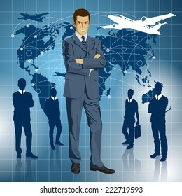 Vector Idea and travel concept. Business man with laptop in his hands