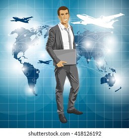 Vector Idea and travel concept. Business man with laptop in his hands. All layers well organized and easy to edit