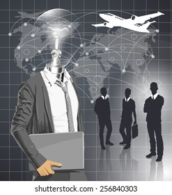 Vector Idea and travel concept. Lamp head business man with laptop in his hands. All layers well organized and easy to edit