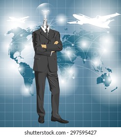 Vector Idea and travel concept, Lamp head business man in suit. All layers well organized and easy to edit