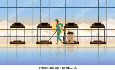 Vector Idea Of A Woman Cleaning Maid Working At Treadmill Fitness Center In Early Morning Sunrise. Occupation Lifestyle Professional Maintenance Service Before Re-opening Business Hours For Exercise.