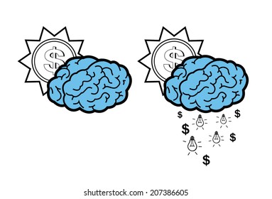 Vector of ideas falling from a brain cloud and the sun