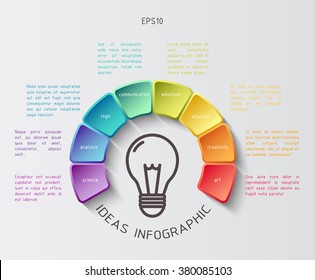 Vector ideas infographic with bulb icon and colorful hemisphere in eight parts with sample text