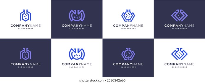 Ideas de Vector de la letra M con el logotipo de la cristalería de laboratorio. colección Abstractas de la Plantilla de iconos basada en diseño moderno.	
