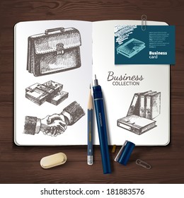 Vector identity set on wooden background. Brand, visualization, corporate business set. Design template and hand drawn sketch business illustrations for graphic designers presentations and portfolios 