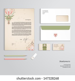 Vector Identity Templates. Damask Pattern On Vintage Background. Old Paper, Strips And Stains. Letterhead, Envelope, Business Card, Pencils, Eraser. Easy Editing Of All Parts And Colors.