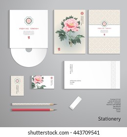 Vector identity templates. Envelope, business card, cards, tag, disc with packaging, pencils. Peony flower and geometry ornament on backdrop. Illustration imitates traditional Chinese ink painting.