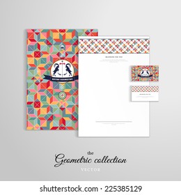 Vector identity templates with a geometric pattern. Letterhead, folder for documents, business cards. Multicolored figures and grid. Beautiful round label with two goats and ribbon. 