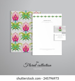 Vector identity templates with a geometric pattern. Letterhead, folder for documents, business cards. Beautiful paisley pattern. Watercolor background. Hand drawing.
