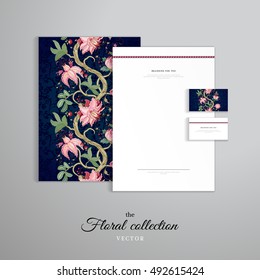 Vector identity templates with a geometric pattern. Letterhead, folder for documents, business cards. Dark background. Curved tree branch with fantastic flowers, leaves, tendrils and berries.
