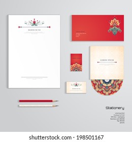 Vector identity templates. Letterhead, envelope, business card, tag, disc with packaging, pencils. Beautiful floral pattern in vintage oriental style.