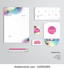 Vector identity templates. Letterhead, envelope, business card, tag, disc with packaging, pencils. Hand drawing watercolor.