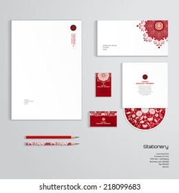 Vector identity templates. Letterhead, envelope, business card, tag, disc with packaging, pencils. Beautiful flowers, red watercolor background. Hand drawing. Imitation of chinese porcelain painting.