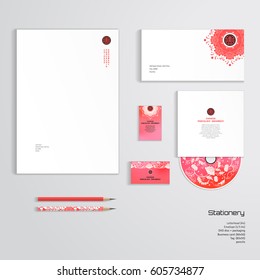 Vector identity templates. Letterhead, envelope, business card, tag, disc with packaging, pencils. Flowers, red watercolor background. Hand drawing. Imitation of chinese porcelain painting.