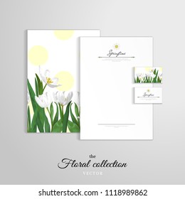 Vector identity templates. Letterhead, folder for documents, business cards. Border of white tulips on the background of polka dots