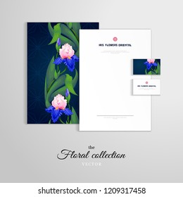 Vector identity templates. Letterhead, folder for documents, business cards. Borders of iris. 