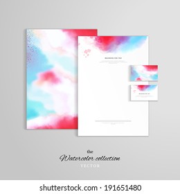 Vector identity templates. Letterhead, folder for documents, business card. Hand drawing watercolor.