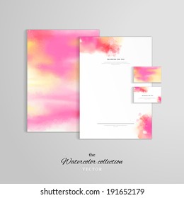 Vector identity templates. Letterhead, folder for documents, business card. Hand drawing watercolor.