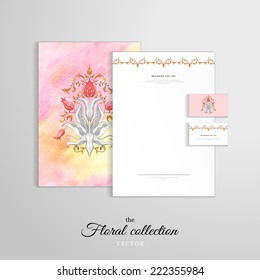 Vector identity templates. Letterhead, folder for documents, business card. Tulip flower floral ornament and decor with leaves. Delicate colored pencil background. Hand drawing.
