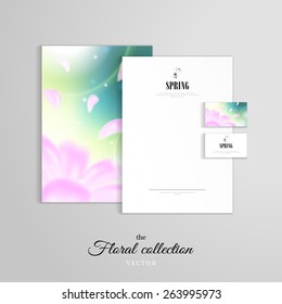 Vector identity templates. Letterhead, folder for documents, business cards. Flower and flying petals. Blurred Lights on green background. Spring collection.