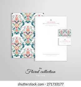 Plantillas de identidad de Vector. Membrete, carpeta para documentos, tarjetas de visita. Hermoso patrón floral en estilo moderno.