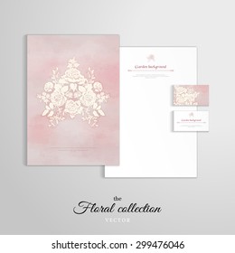 Vector identity templates. Letterhead, folder for documents, business cards. Silhouette of a bouquet victorian garden roses on watercolor backdrop. Hand drawing. 