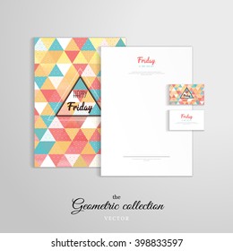 Vector identity templates. Letterhead, folder for documents, business cards. Colored insert "Happy friday". Multicolored triangles and grid.