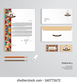 Vector identity templates. Multicolored figures and grid. Beautiful round label with two horses and ribbon.  Letterhead, envelope, business card, pencils, eraser. Dimensions are given.