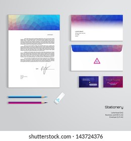 Vector identity templates. Multicolored geometric pattern. Letterhead, envelope, business card, pencils, eraser. Easy editing of all parts and colors. Dimensions are given.