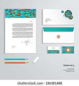 Vector identity templates. Multicolored geometric ornament. Letterhead, envelope, business card, pencils, eraser. Easy editing of all parts and colors. Dimensions are given.