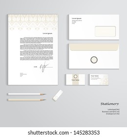 Vector identity templates. Oriental floral pattern on vintage background. Letterhead, envelope, business card, pencils, eraser. Easy editing of all parts and colors.