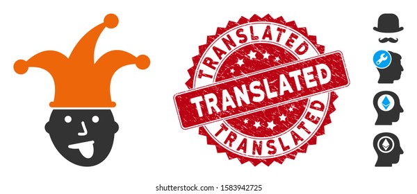 Vector idiot head icon and corroded round stamp seal with Translated phrase. Flat idiot head icon is isolated on a white background. Translated stamp seal uses red color and grunge design.