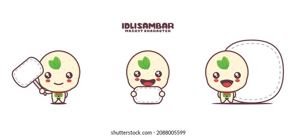 caricatura de mascota vectorial idli sambar, ilustración tradicional de comida india, con banner en blanco, aislado en un fondo blanco.