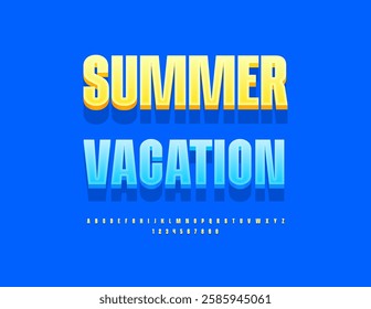 Vector Idyllic badge Summer Vacation. Elegant Blue 3D Font. Bright Uppercase Alphabet Letters and Numbers set