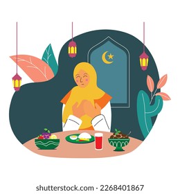 Vector iftar flat illustration with food on the table. people pray for iftar